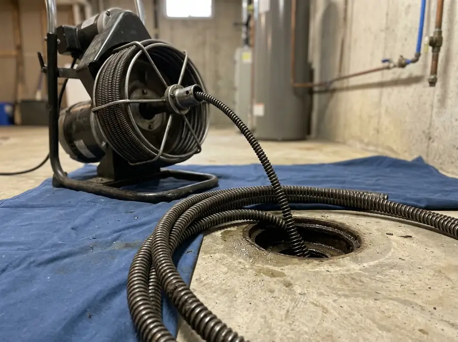 a drain-cleaning machine cable fed into an open basement floor drain set into the slab, the machine standing beside it with its reel turning, tidy drop cloth under the work, camera low near floor level