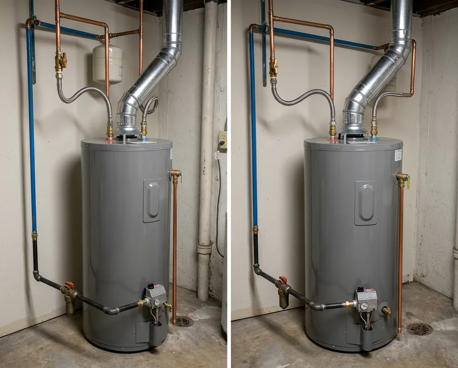 a newly installed 50-gallon gas water heater in a utility room, fully connected with hot and cold flex lines joined to the copper runs above, gas line with a drip leg, relief line piped to the floor and flue joined into the vent
