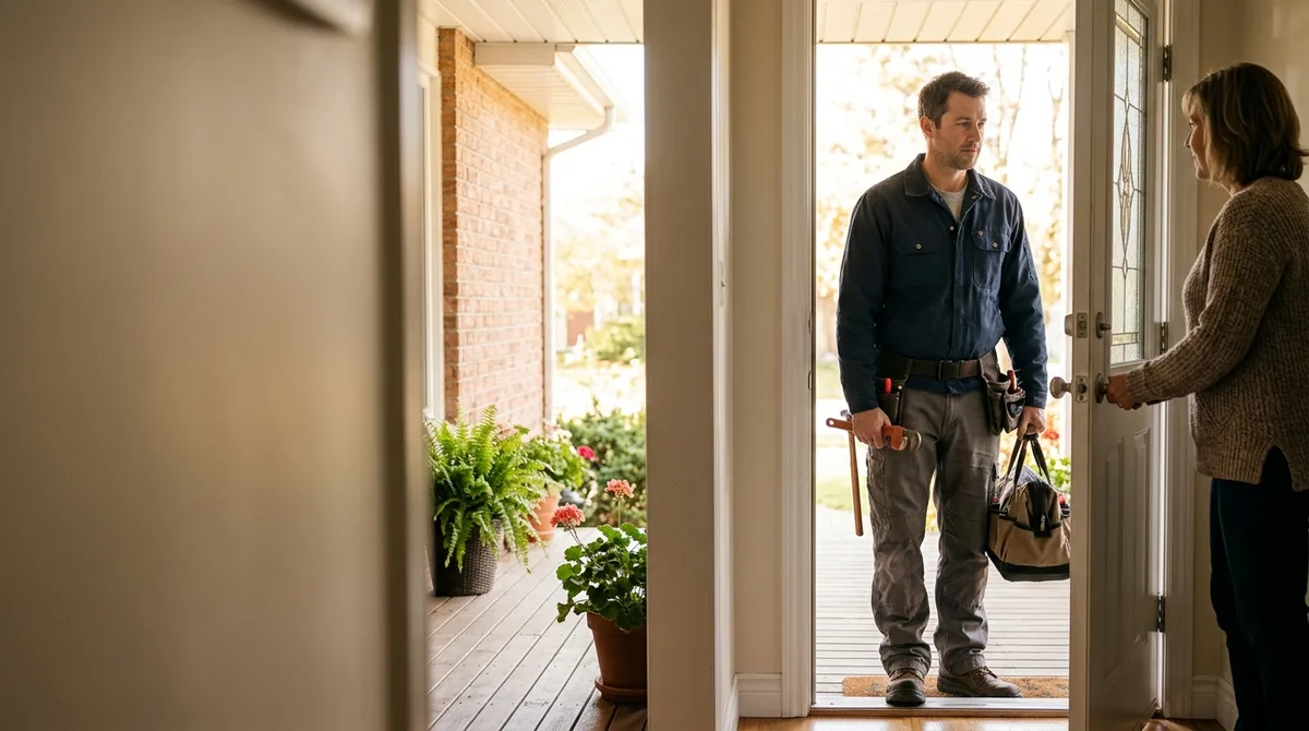 wide warm shot of a plumber in work clothes at the open front door of a suburban house with a tool bag in hand, a homeowner holding the door, late-morning porch light, open space at the left of the frame