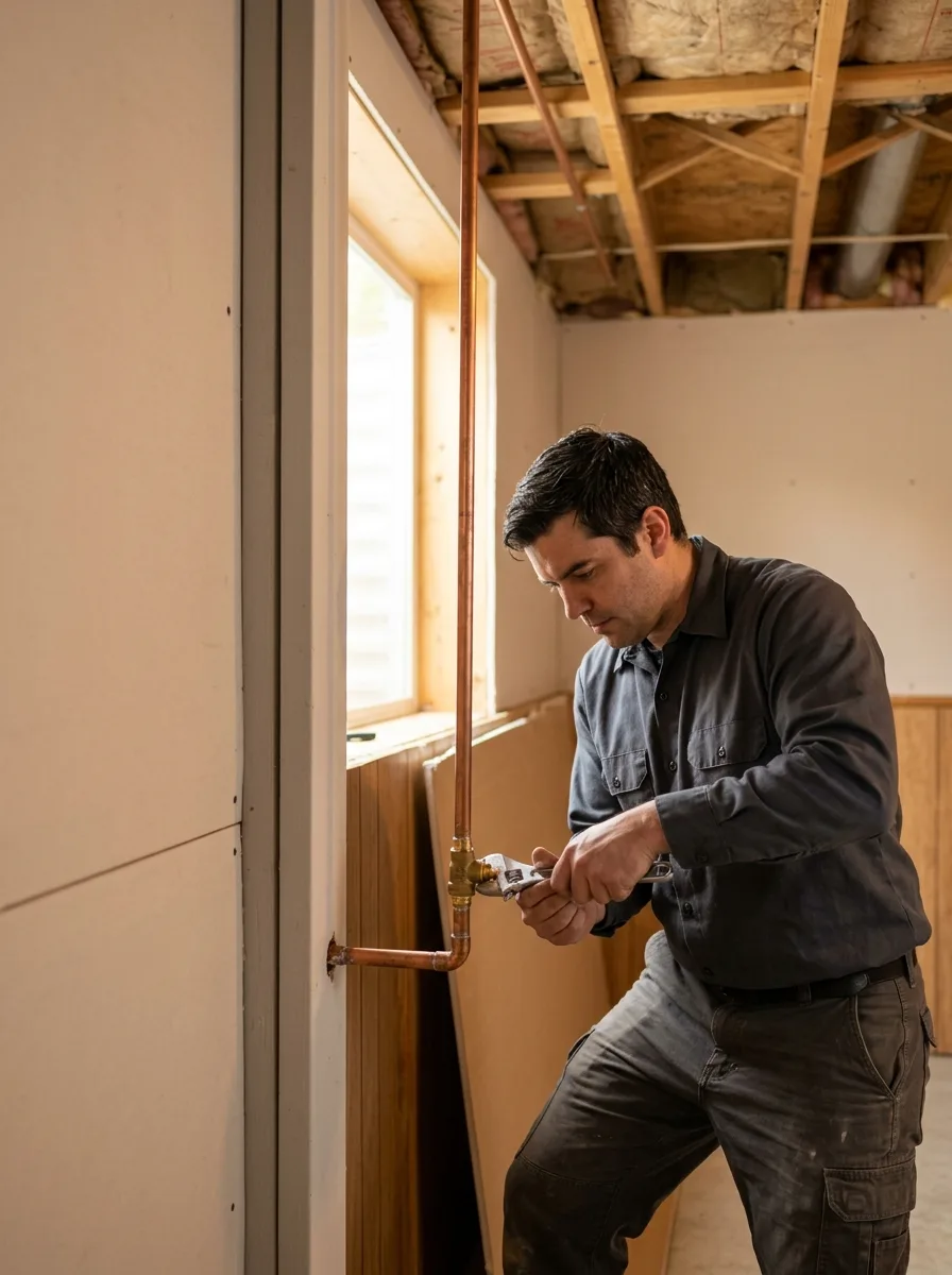 a plumber in a finished Parker basement tightening a valve on a live copper water line that runs out of the wall and up into the floor joists, both ends joined into the run they serve, warm daylight from a window well, subject slightly right of centre